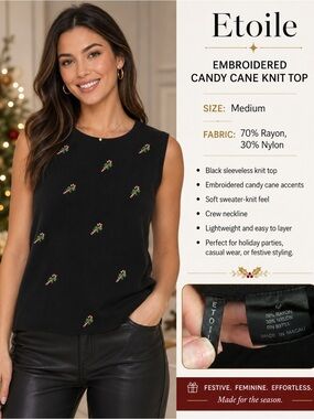 Etoile Black Embroidered Candy Cane Sleeveless Knit Tank